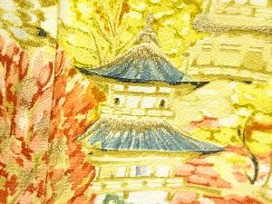 アンティーク　寺塔に樹木模様刺繍着物